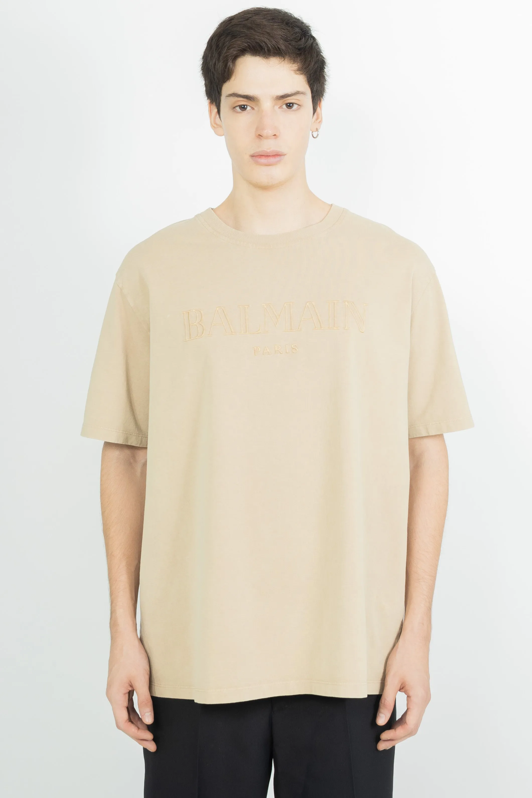 BALMAIN LOOSE TSHIRT WITH VINTAGE BALMAIN EMBROIDERY BEIGE