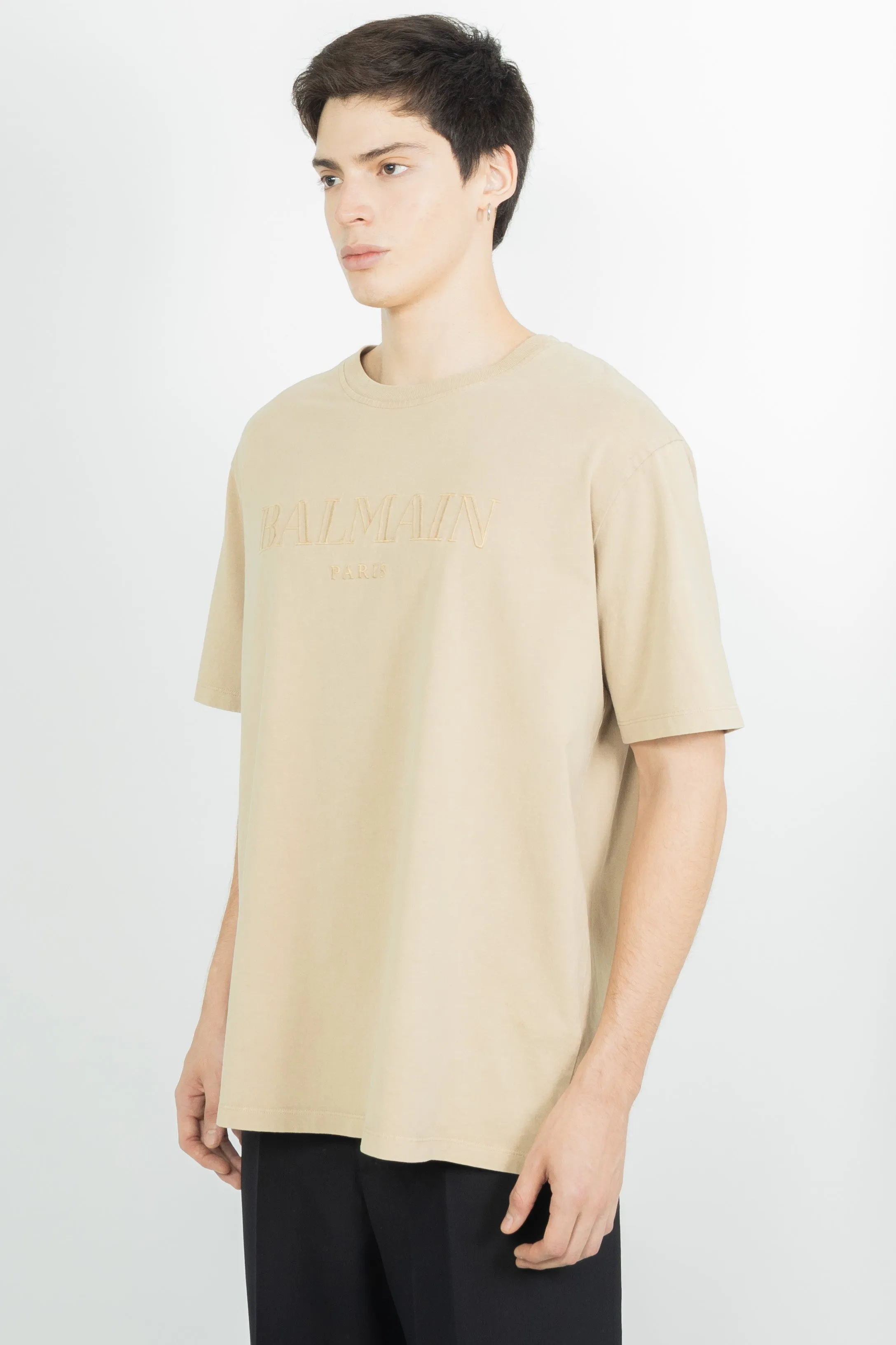 BALMAIN LOOSE TSHIRT WITH VINTAGE BALMAIN EMBROIDERY BEIGE