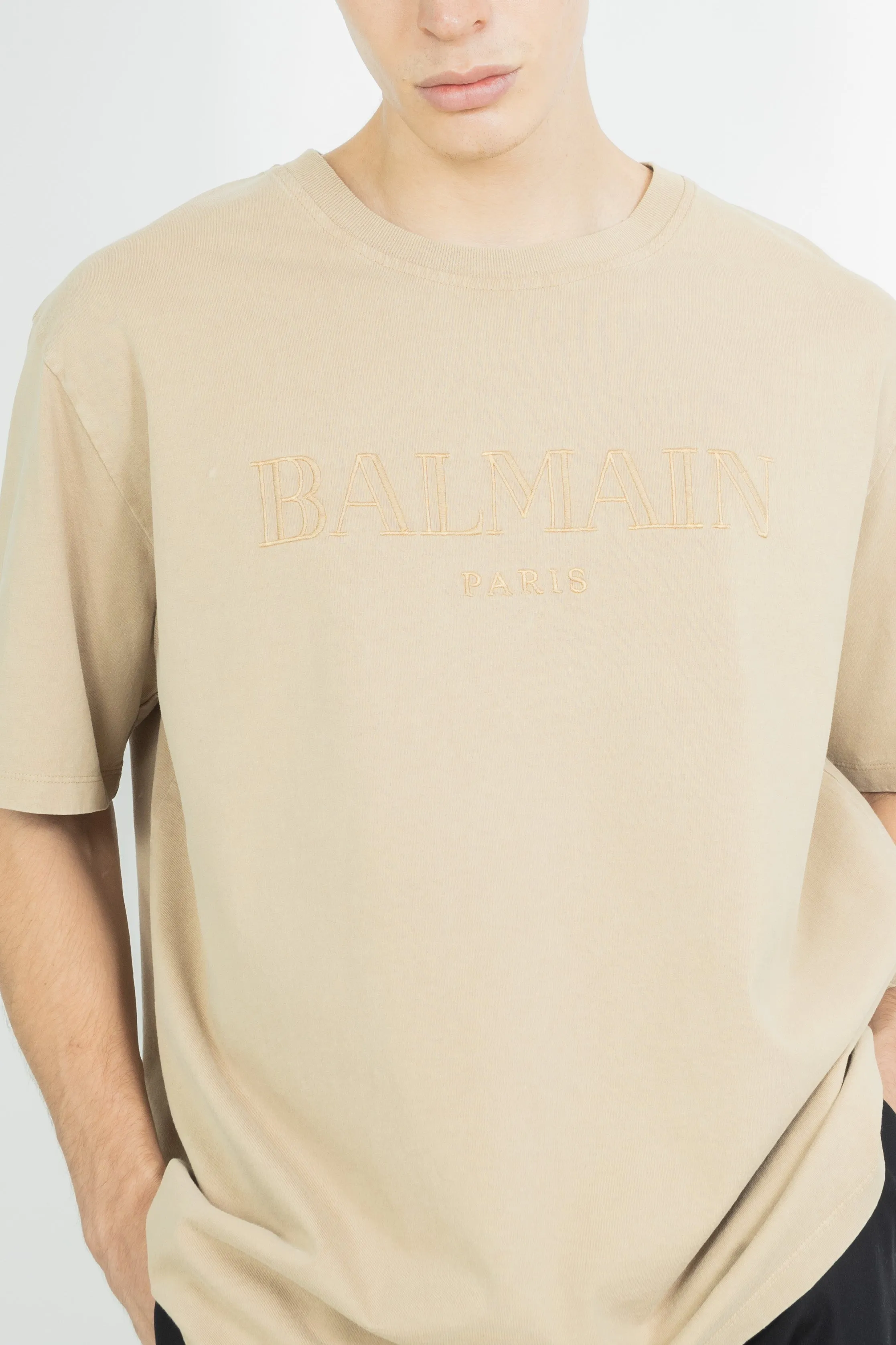 BALMAIN LOOSE TSHIRT WITH VINTAGE BALMAIN EMBROIDERY BEIGE