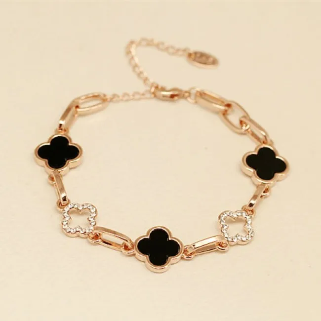 Black And White Diamond Clover Rose Gold Bracelets  