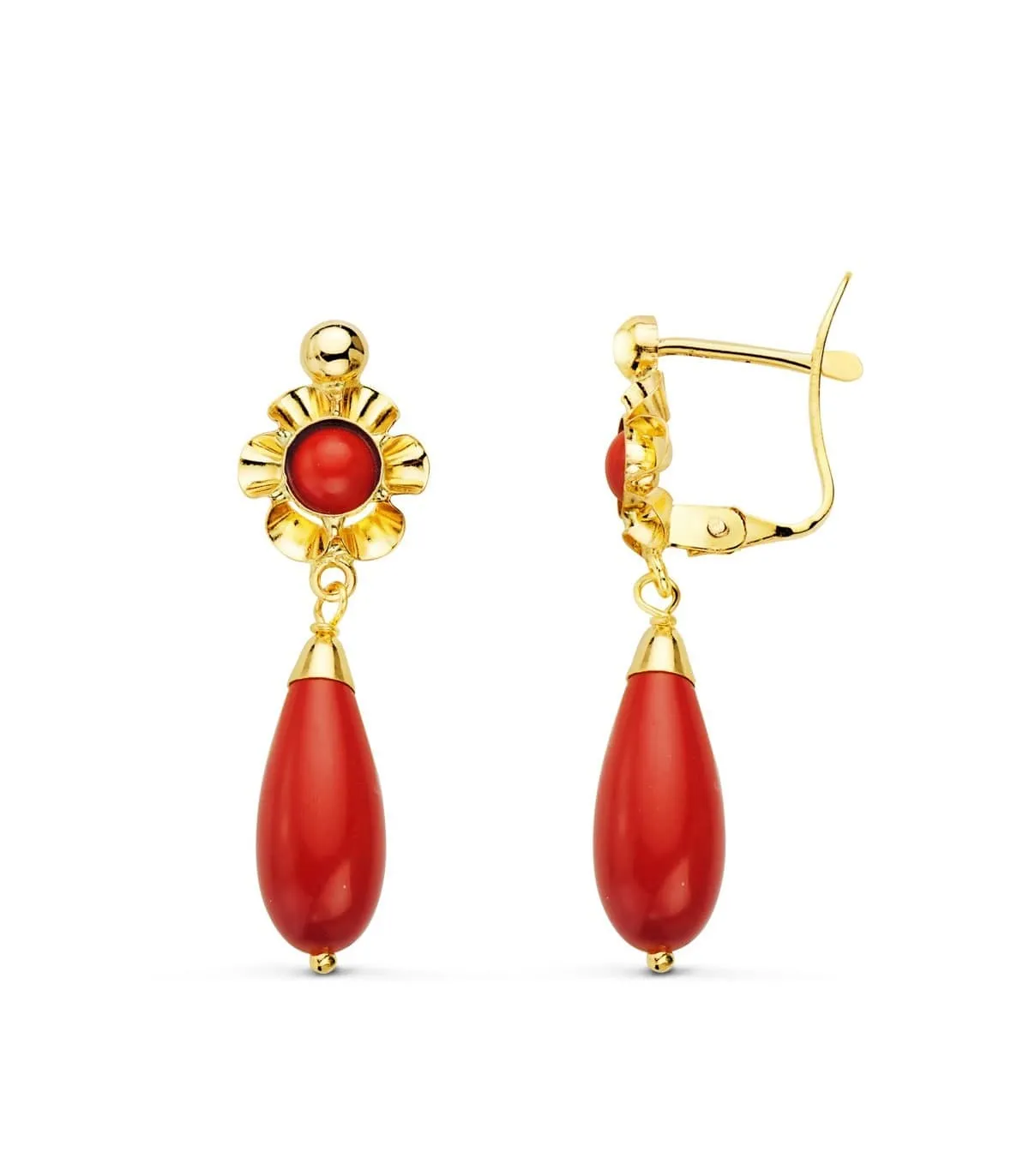 Boucles d'oreilles or 18k fille pierre corail 30mm