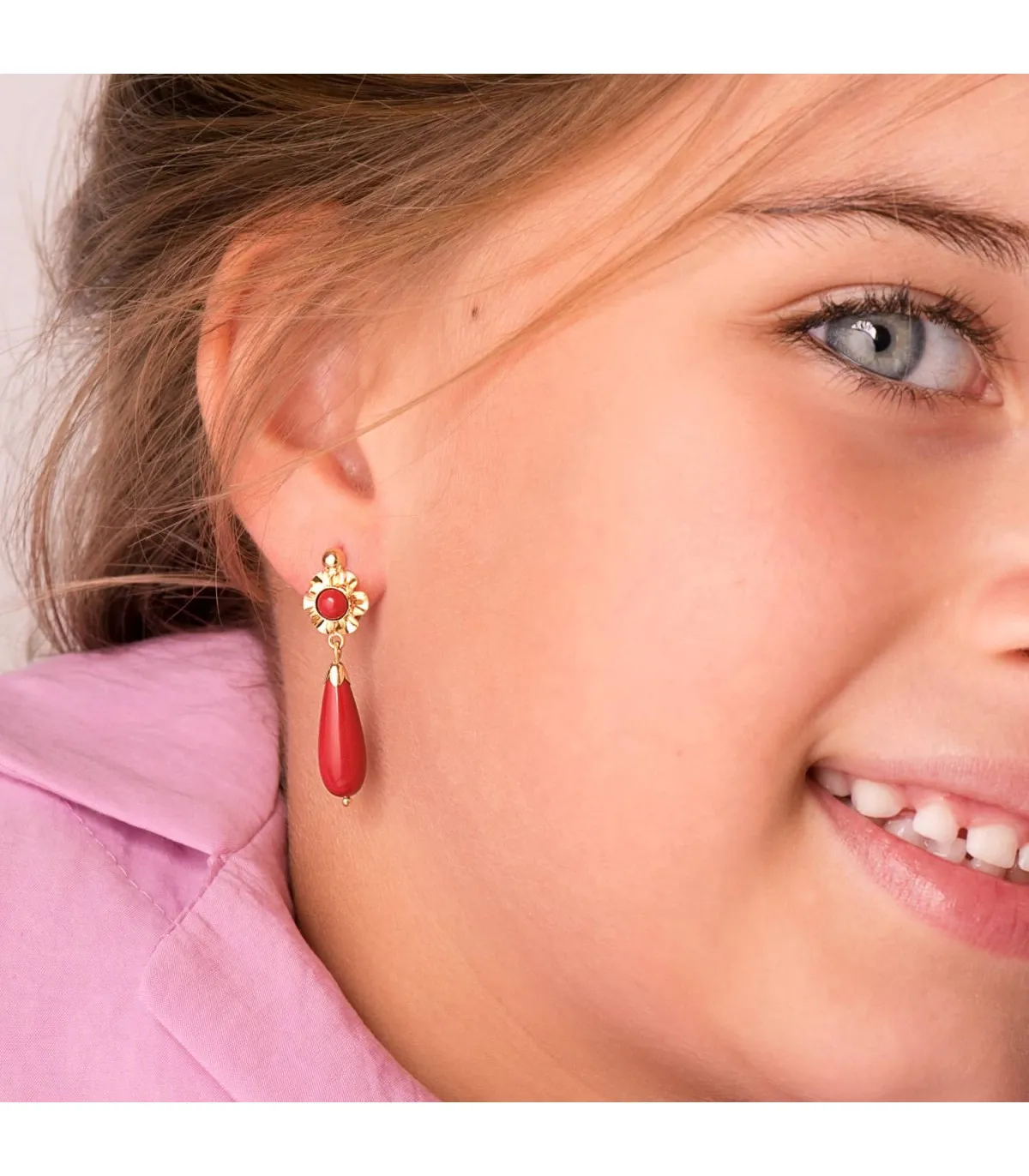 Boucles d'oreilles or 18k fille pierre corail 30mm