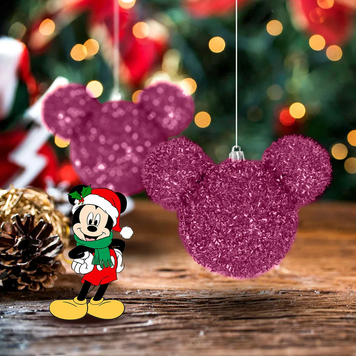 Esfera Navidea de Tinsel color Fucsia en Forma de Mickey Mouse