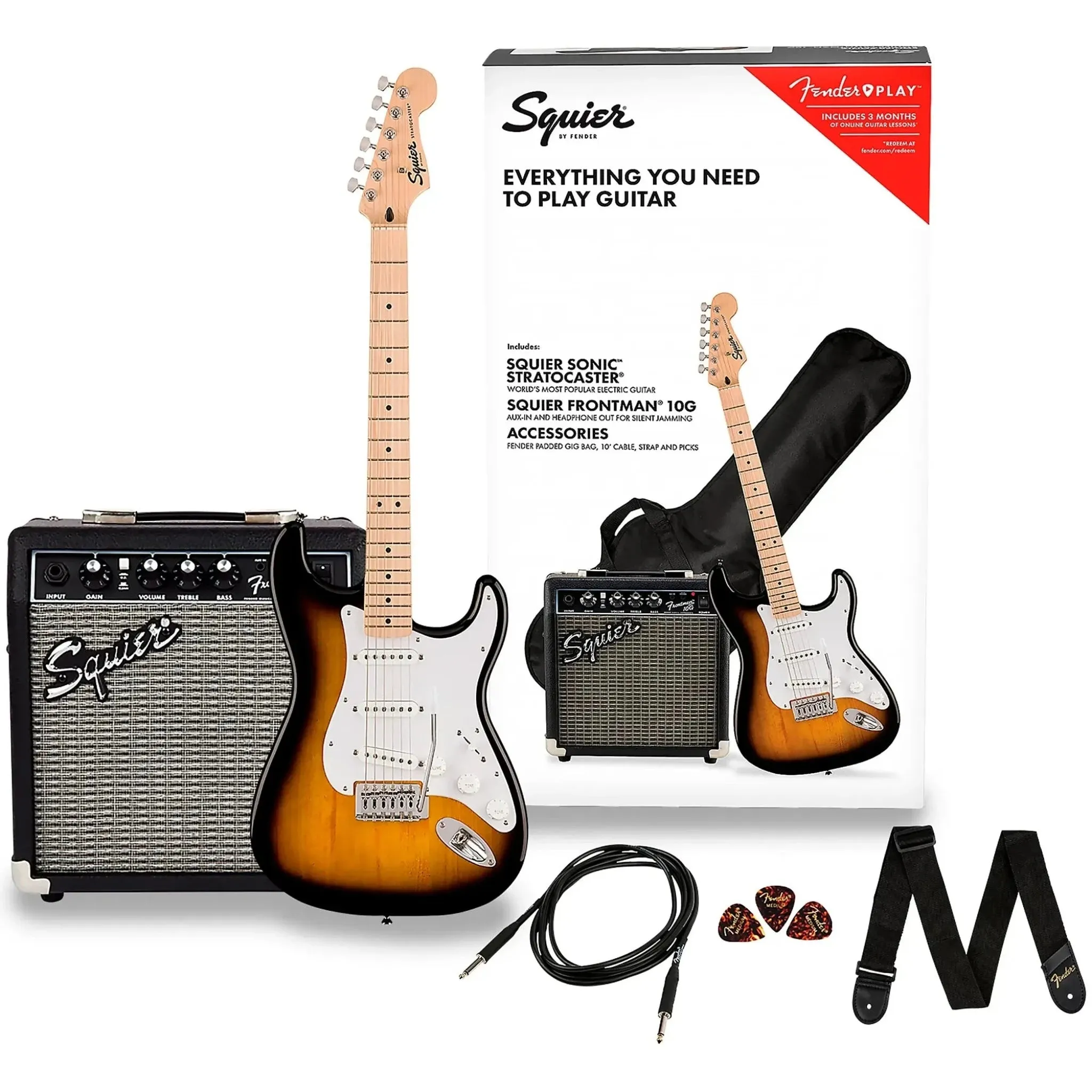 PAQUETE SQUIER SONIC STRATOCASTER 2COLOR SUNBURST CON FRONTMAN 10G
