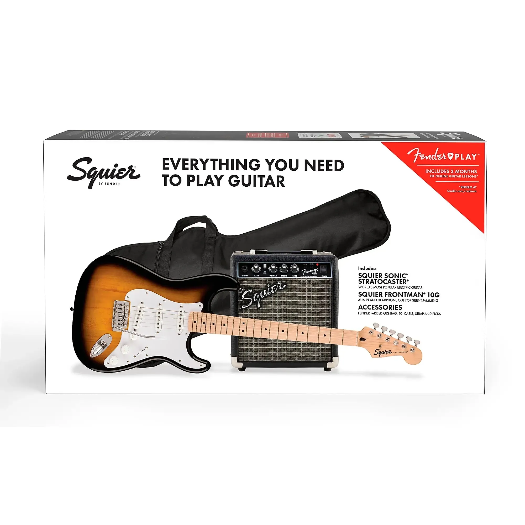 PAQUETE SQUIER SONIC STRATOCASTER 2COLOR SUNBURST CON FRONTMAN 10G