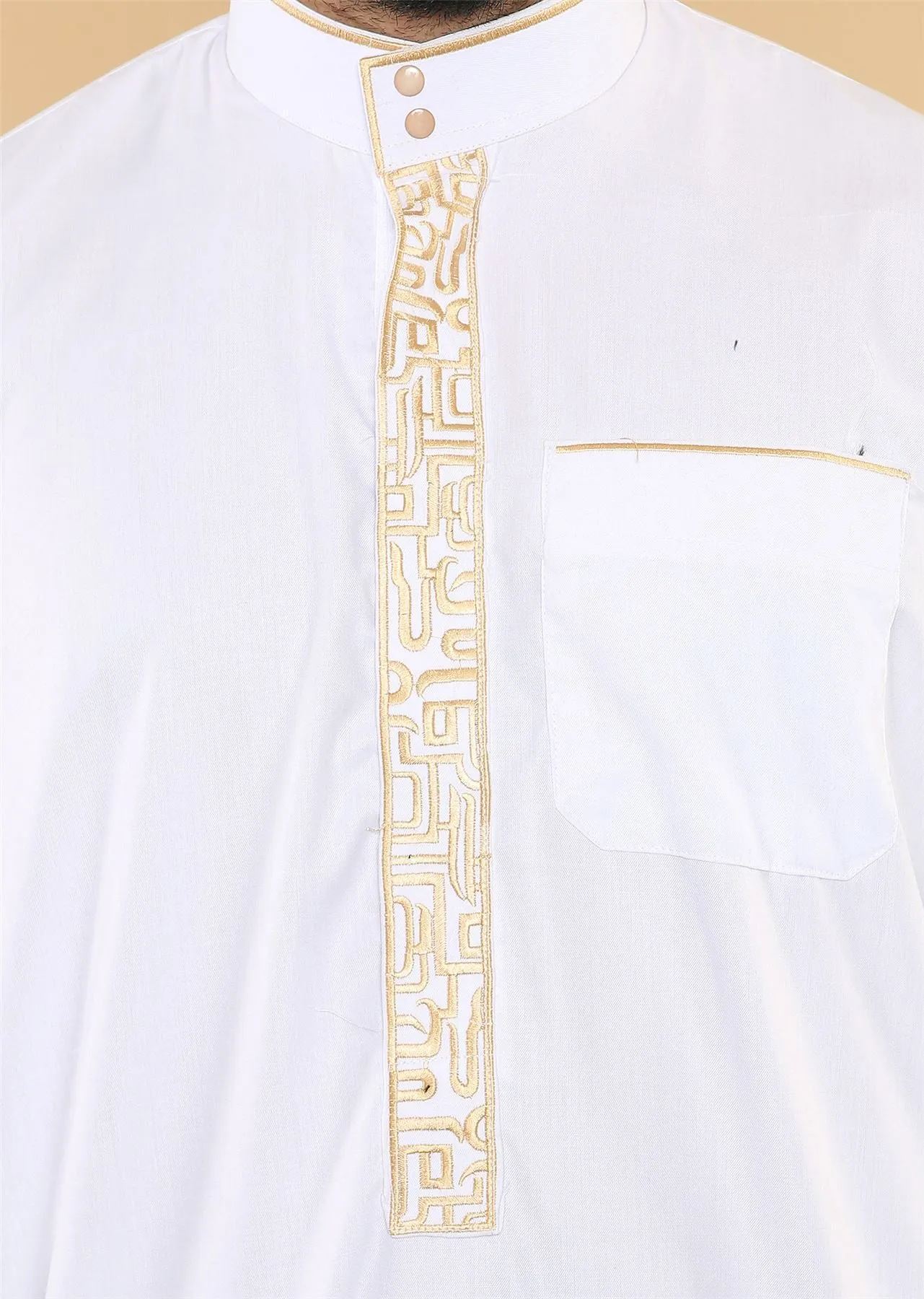 Vestimenta musulmana y arabe Jubba de algodon con bordado y cuello nehru para hombre