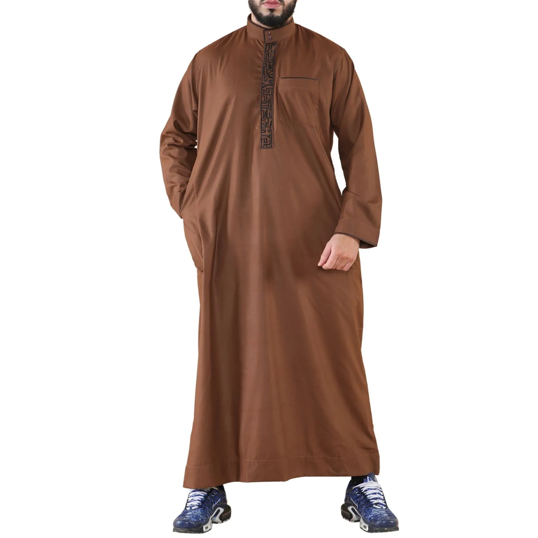 Vestimenta musulmana y arabe Jubba de algodon con bordado y cuello nehru para hombre