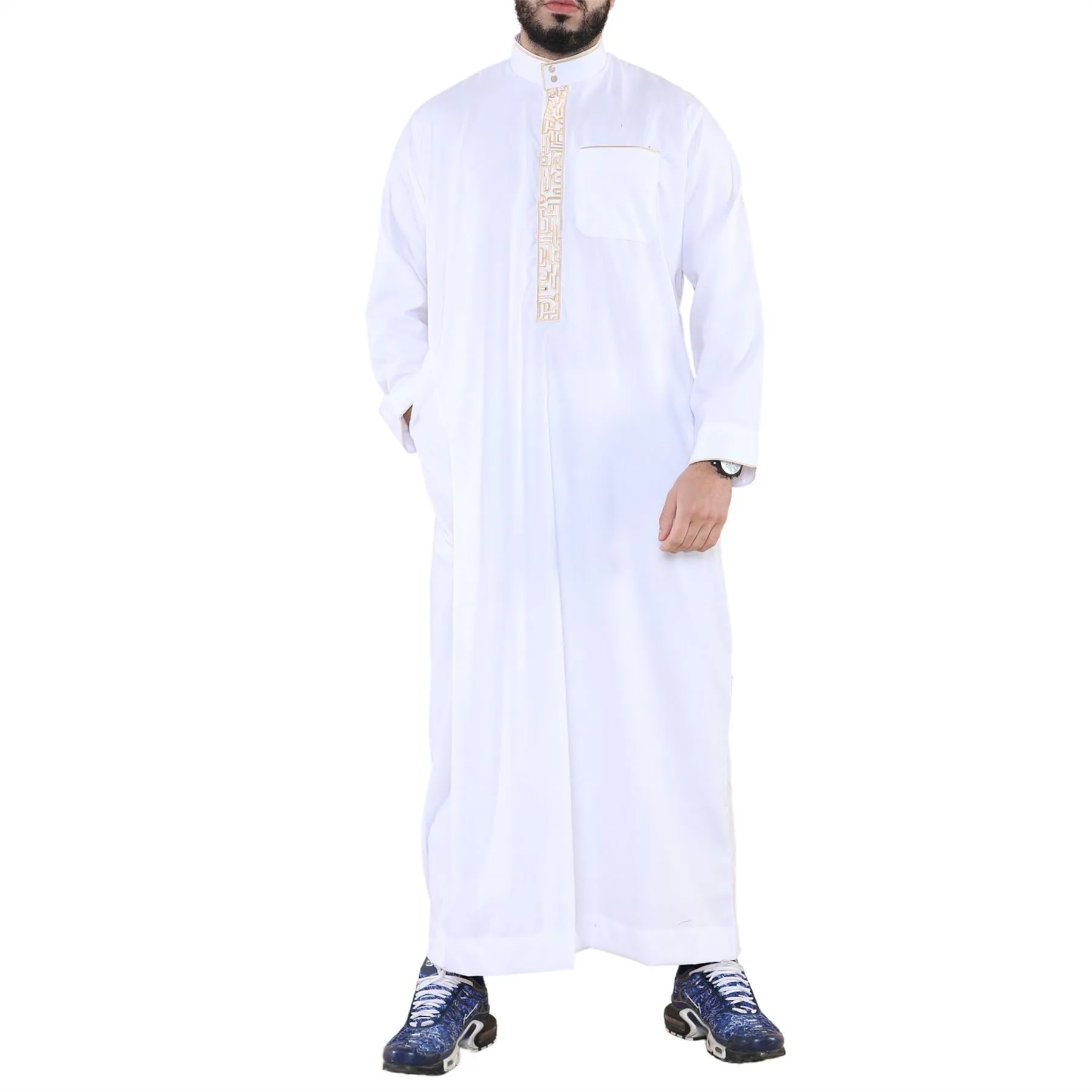 Vestimenta musulmana y arabe Jubba de algodon con bordado y cuello nehru para hombre
